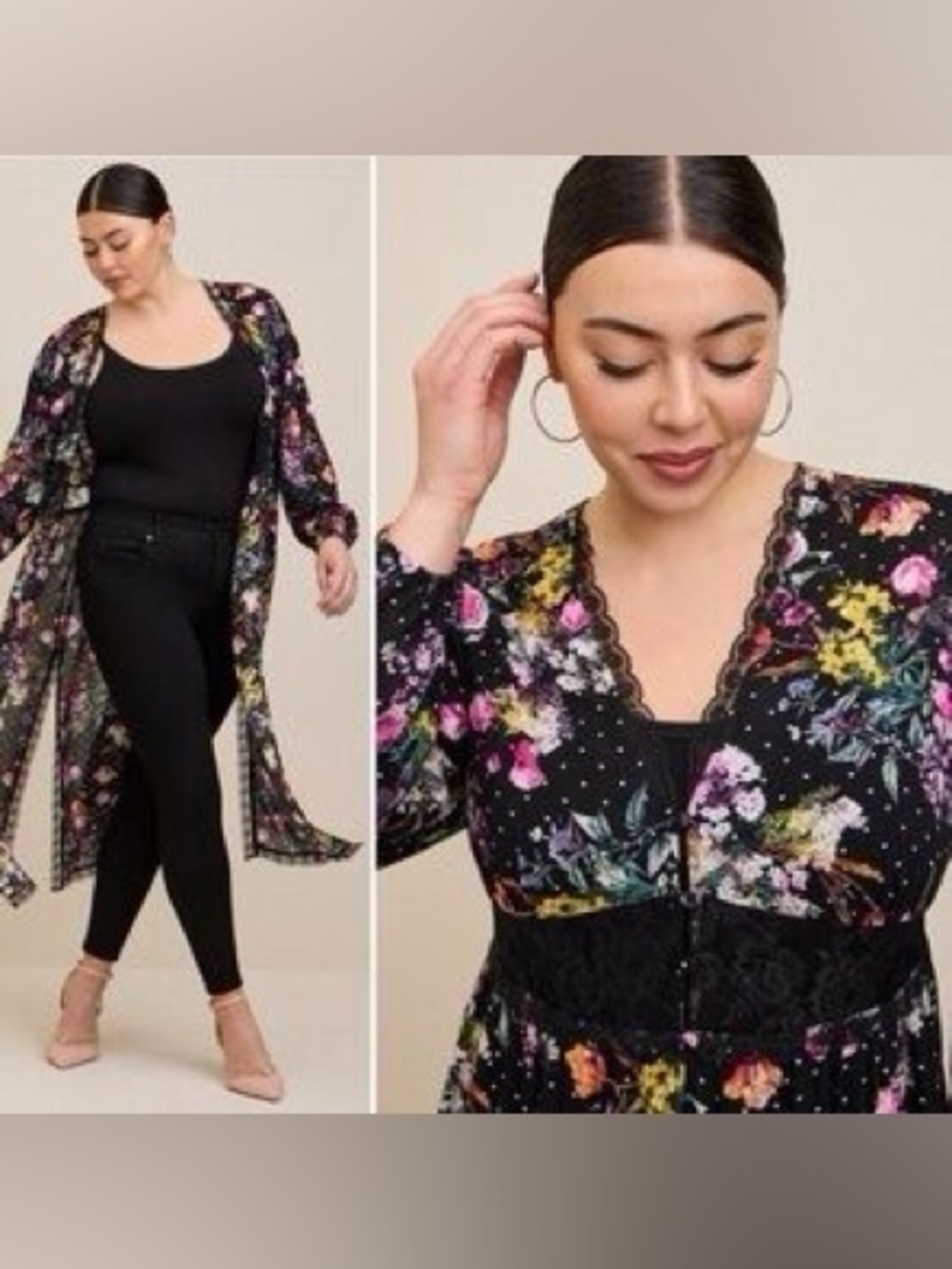 torrid Black Floral Print Lace-Trim Kimono